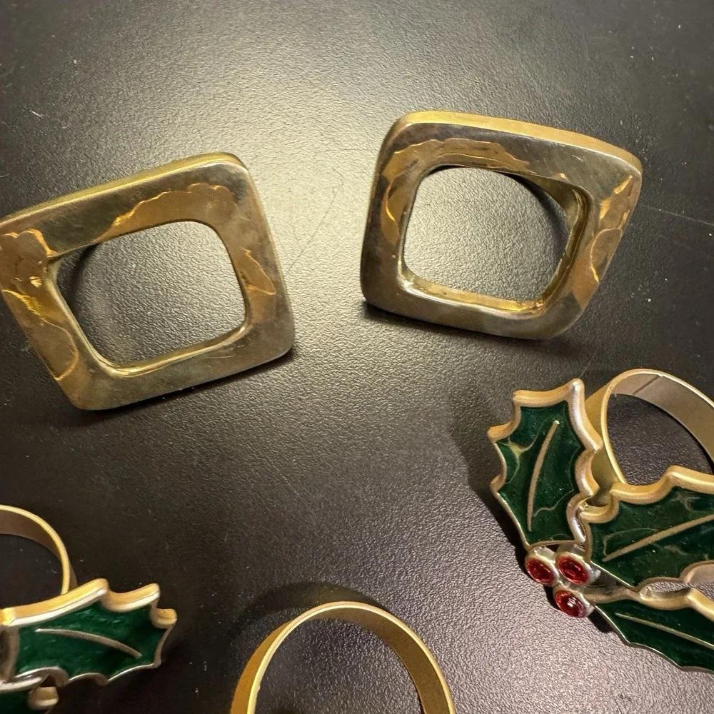 Christmas Napkin Rings Set Of 5 Metal Painted Holly Berry &‎ Square  Brass Color